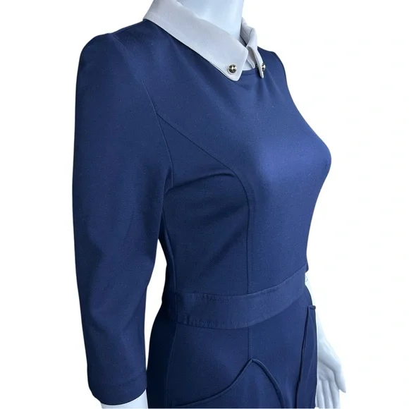 Victoria by Victoria Beckham Nitta Navy Sheath Midi Dress MEDIUM Preppy Academia